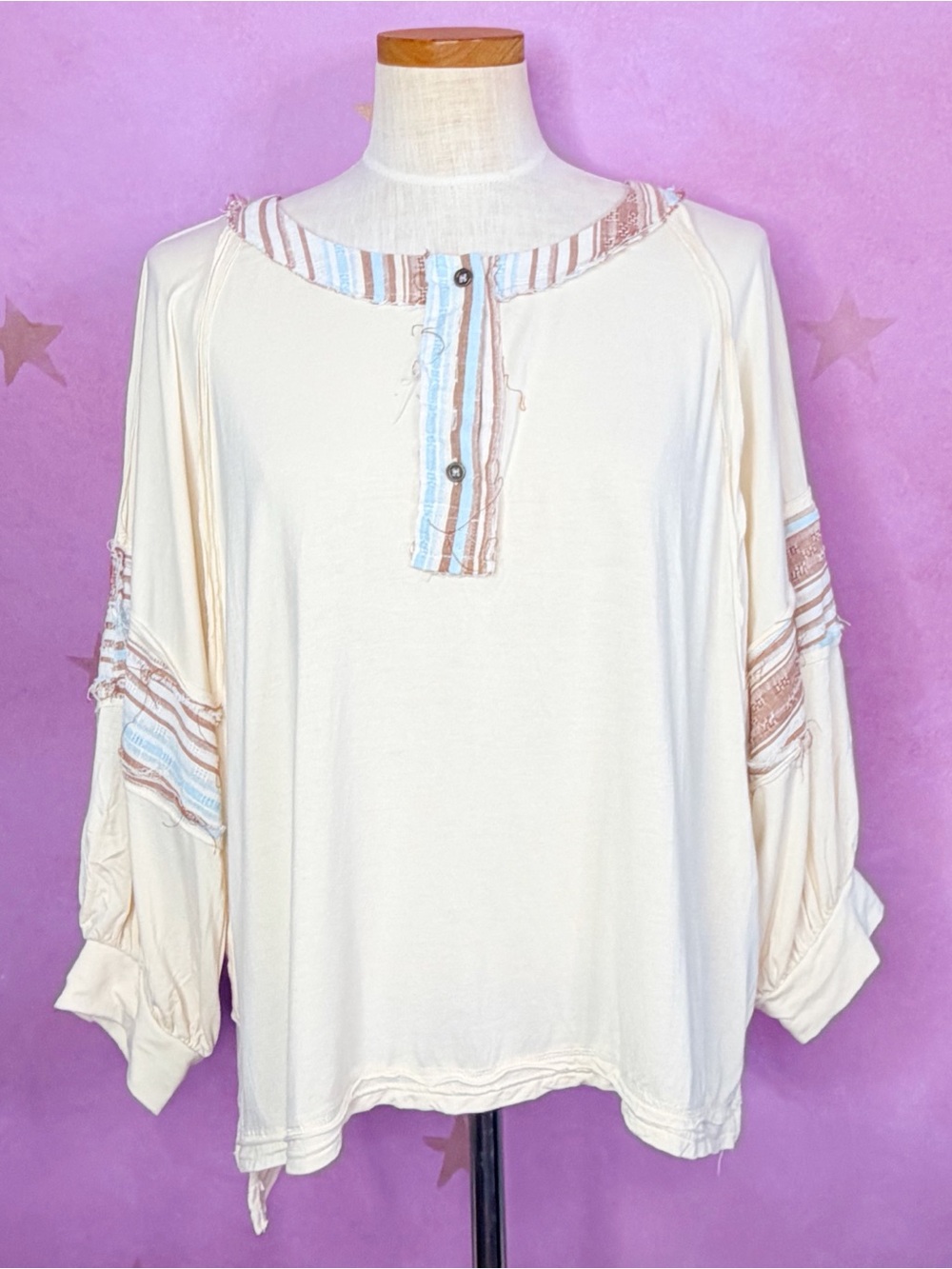Pol Henley Oversized Blouse Womens Large Ivory Boho Hippie Cozy Neutral Earthy